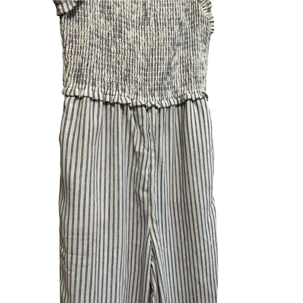Old Navy Jumpsuit Girls L 10-12 Blue White Striped Smocked Ruffle Excellent